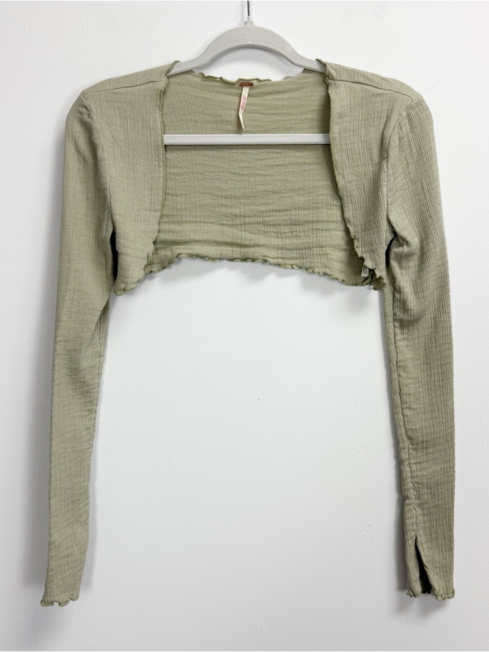 Free People Cropped Bolero Womens XS Green Long Sleeve Lettuce Hem Stretch